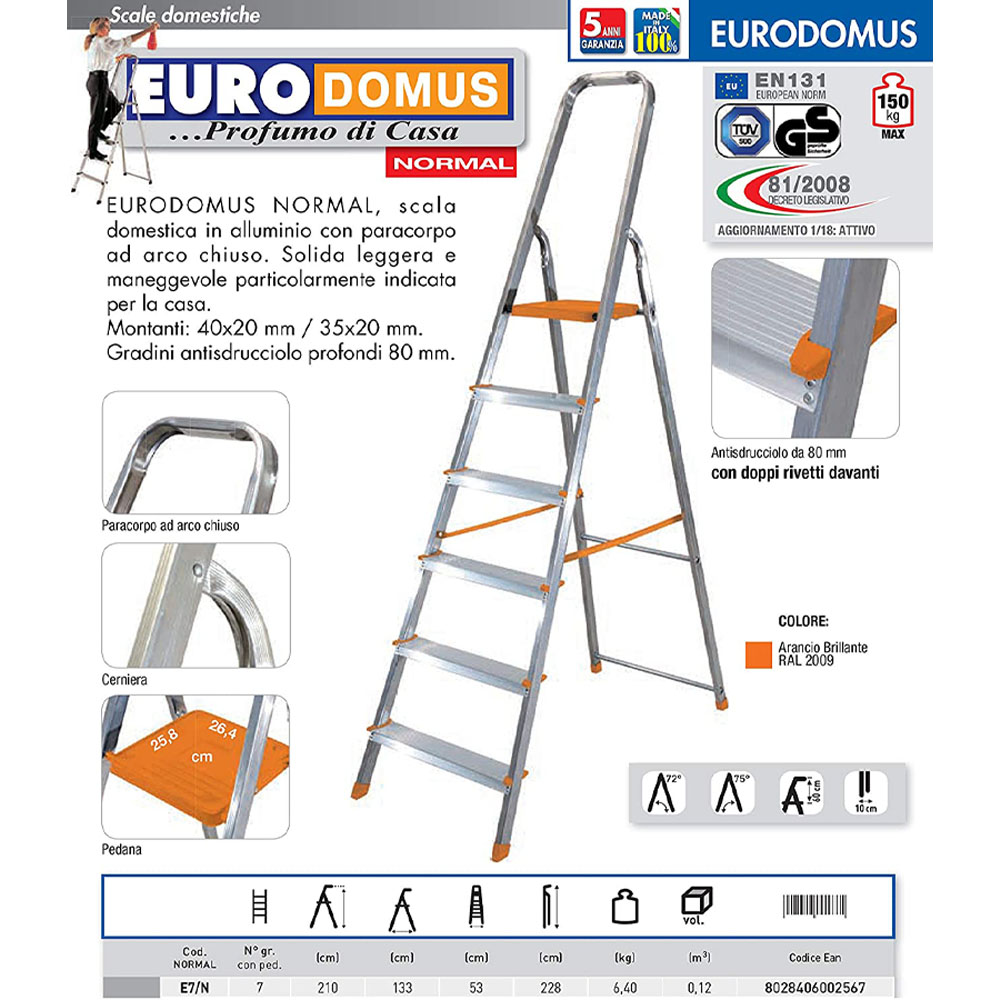 Scaletto in Alluminio Eurodomus Normal 7 Gradini FACAL - Fino a 2,28 mt