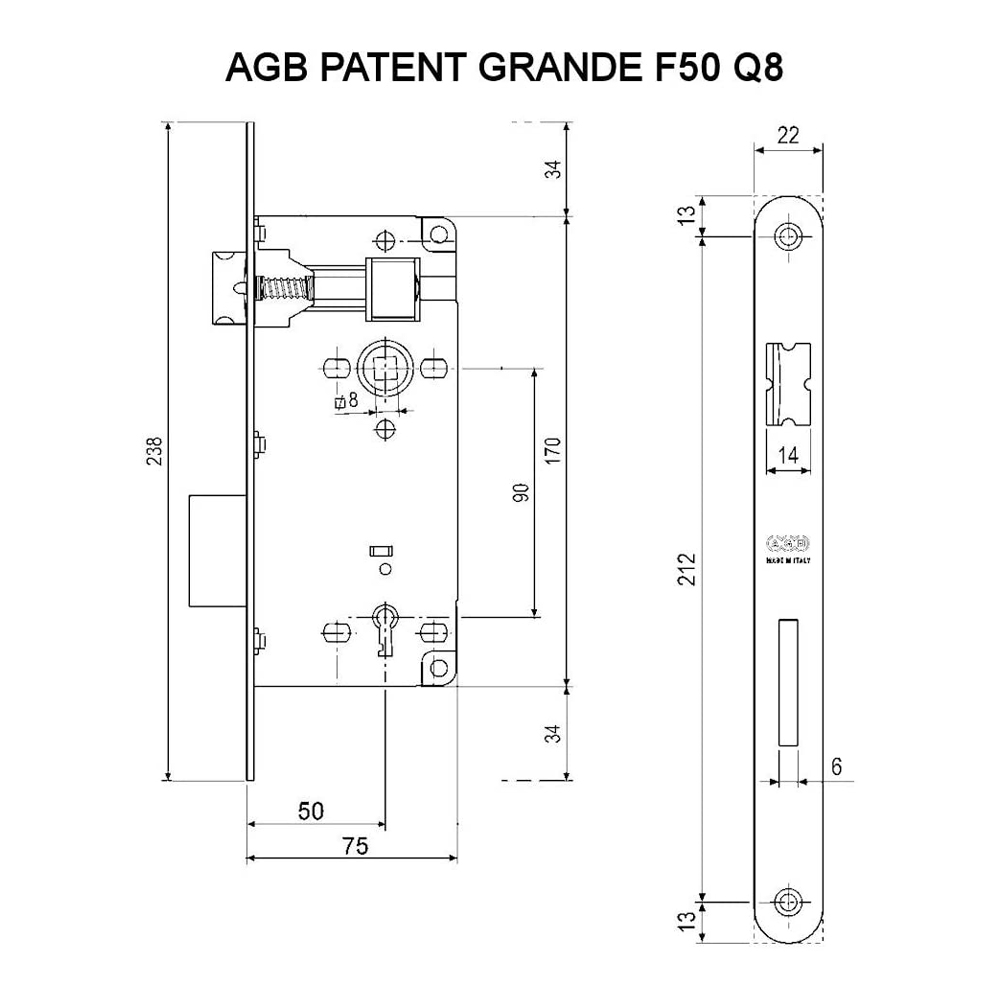 Serratura Patent Grande Ottonato AGB - Foro 50 mm e Quadro 8 mm