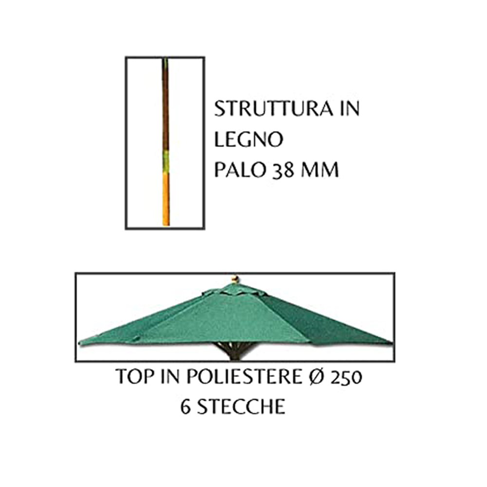 Ombrellone in Legno Tondo 250 cm a 6 Stecche - Verde