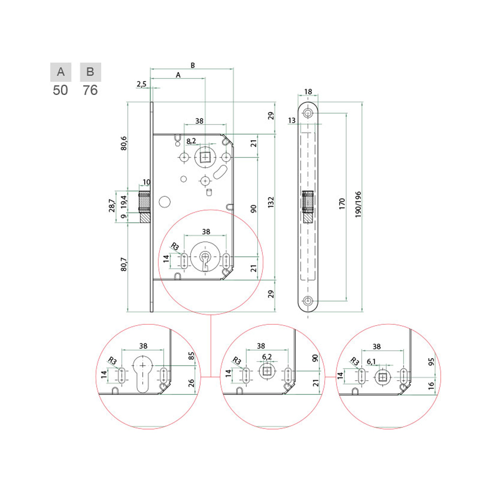 Serratura Patent Media B-Split BONAITI Ottonato - Scrocco Centrale Reversibile