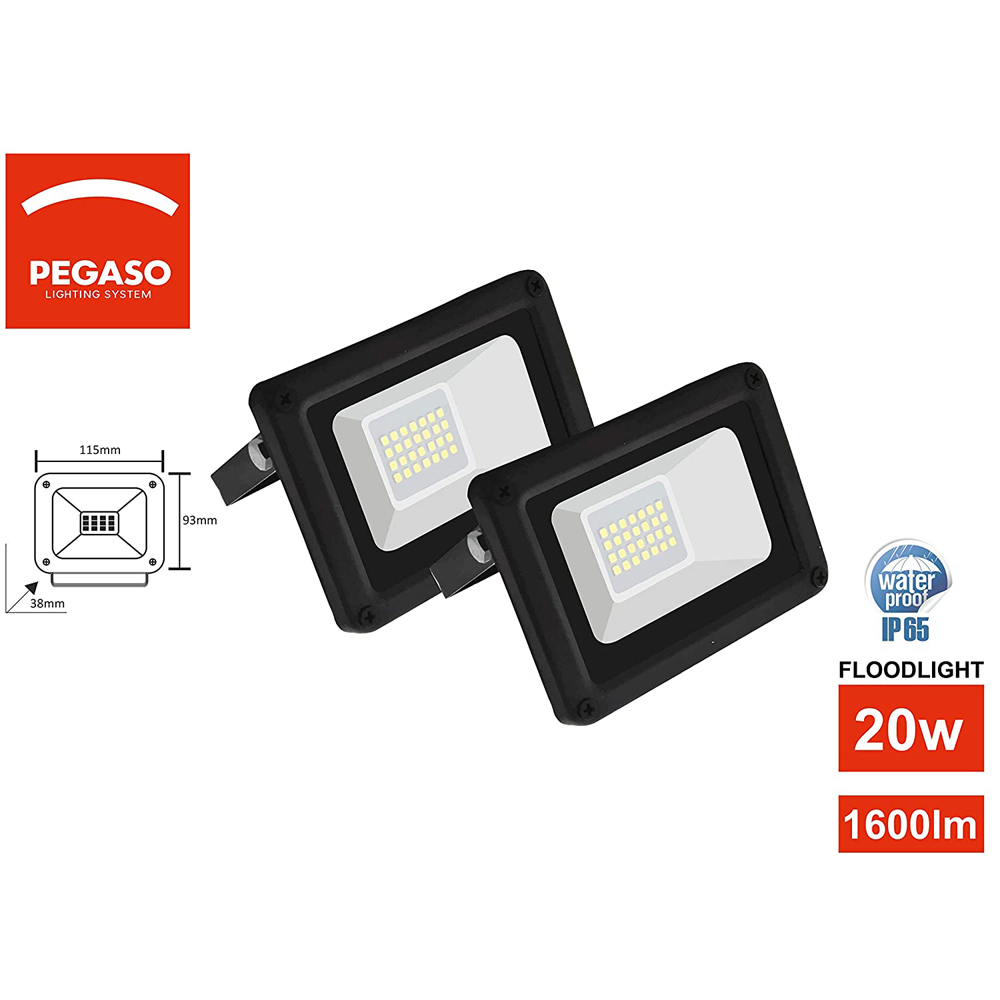 Faretto LED 20W PEGASO 2 Pezzi - Luce Fredda 6000K - 20.000 Ore di Lavoro - IP65