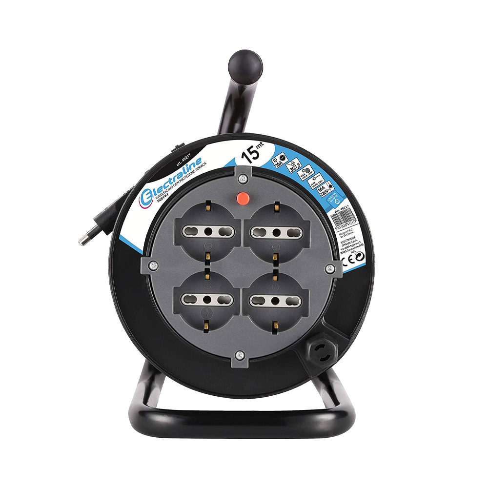 Avvolgicavo 15 mt con Supporto ELECTRALINE - Sezione 3x1.5 mmq - 4 Schuko 10/16A