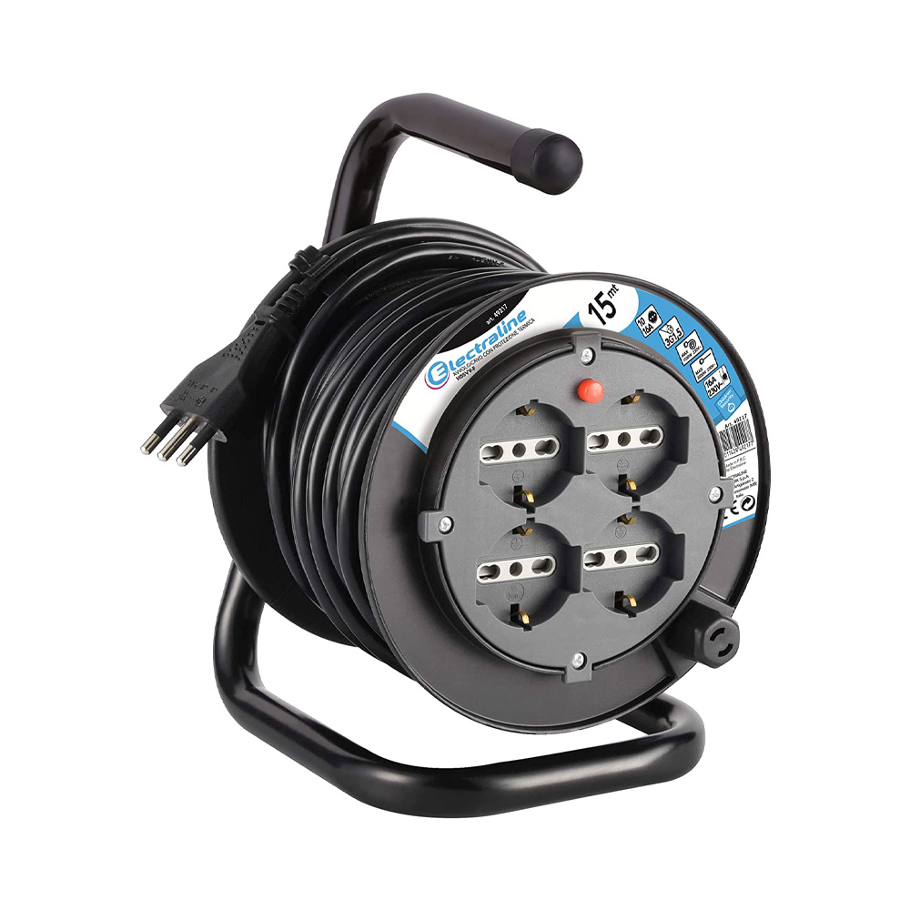 Avvolgicavo 15 mt con supporto electraline - sezione 3x1.5 mmq - 4 schuko 10/16a.