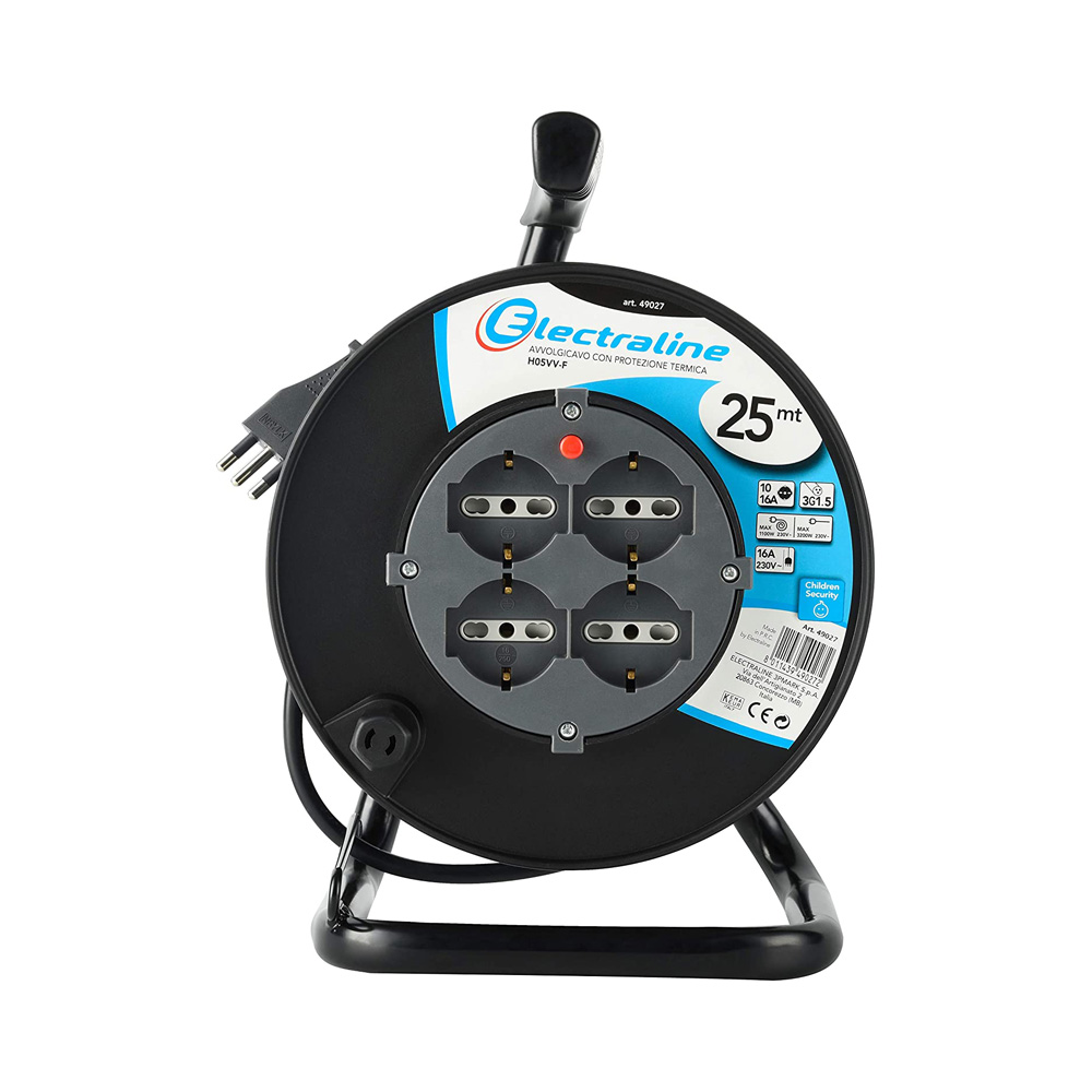 Avvolgicavo 25 mt con Supporto ELECTRALINE - Sezione 3x1.5 mmq - 4 Schuko 10/16A