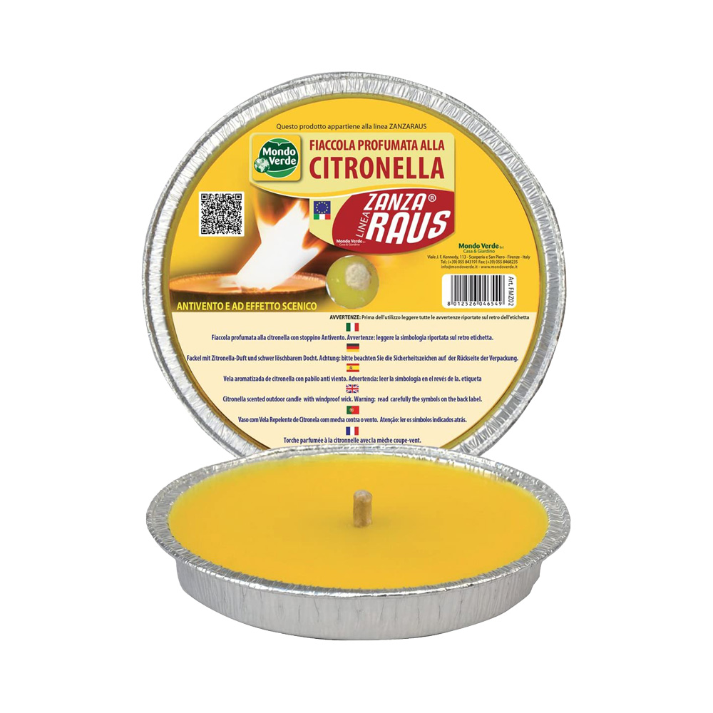 Fiaccola profumata alla citronella zanza raus in carta stagnola 16 cm.