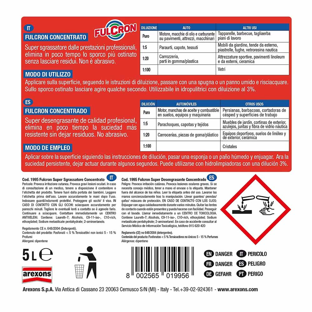 x2 Super Sgrassatore Detergente Professionale Concentrato FULCRON 5 Lt - 2 Pz