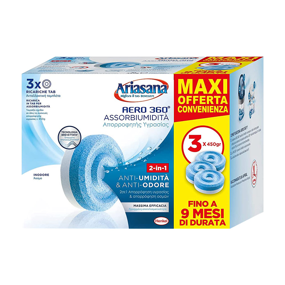 Ricariche assorbiumidit� aero 360� tab 450 gr inodore ariasana - conf. 3 pezzi.