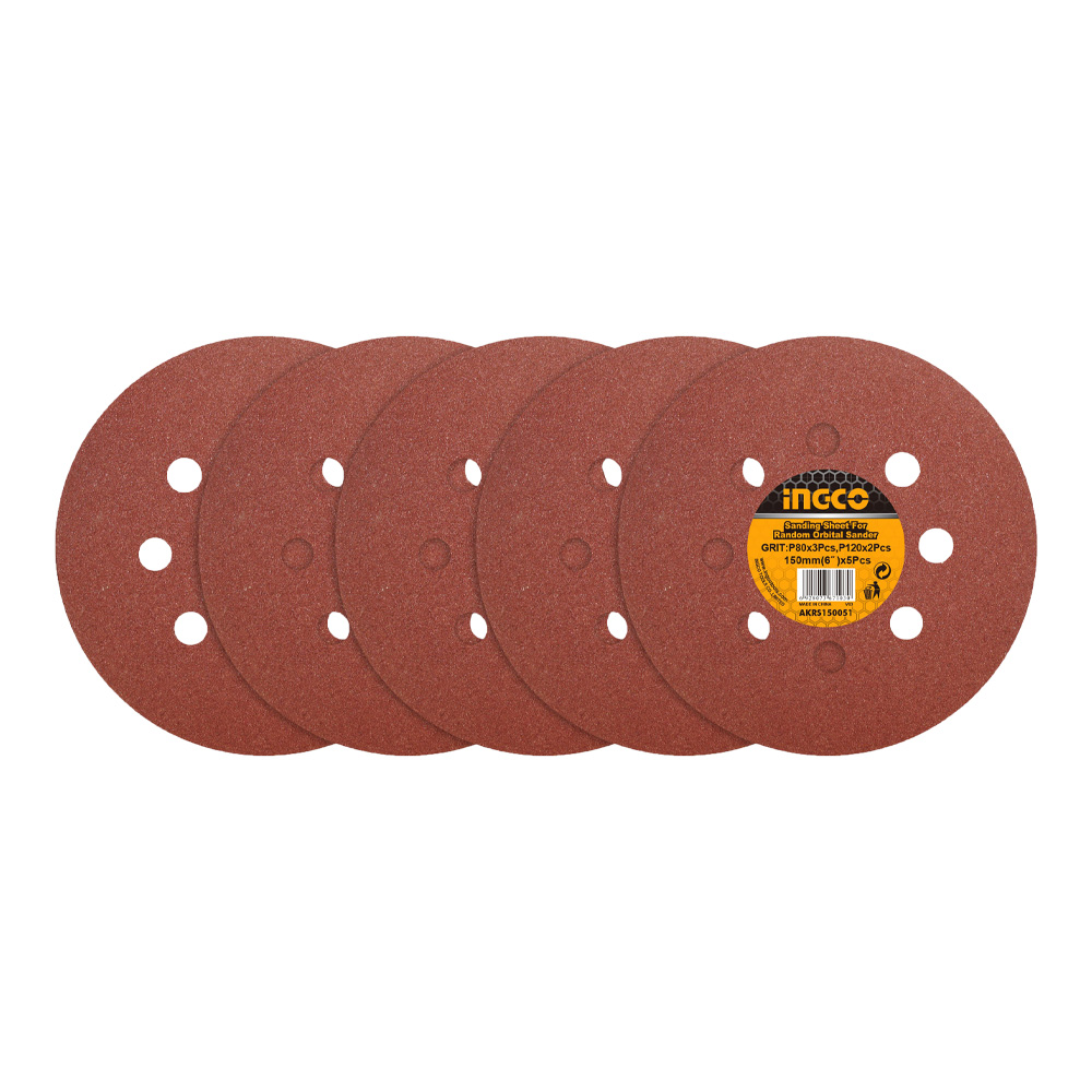 Dischi carta abrasiva per levigatrice rotorbitale 5 pezzi ingco - 150 mm.